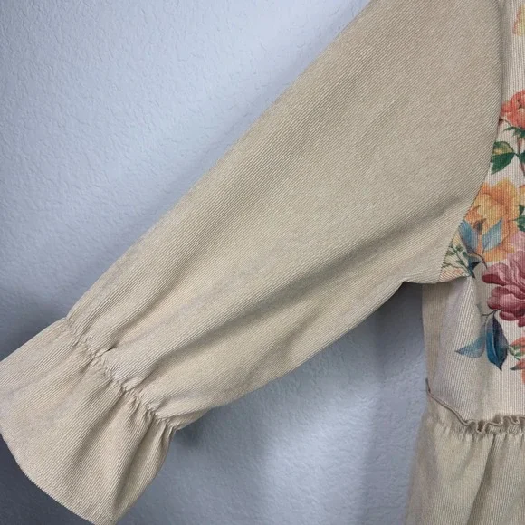 Ces Femme Shirt Womens M Beige Corduroy Floral Babydoll Boho Cottage Whimsical - Picture 4 of 8